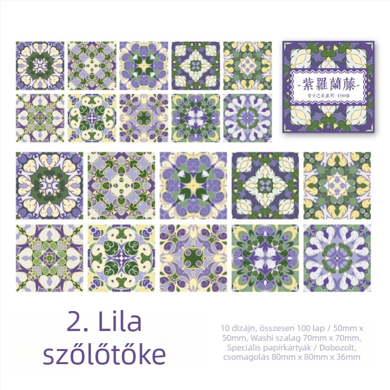 Retro virágos csempe matricák dobozos készlet - Square Beauty sorozat, jegyzetekhez és naplódekorációhoz, 6 stílus.