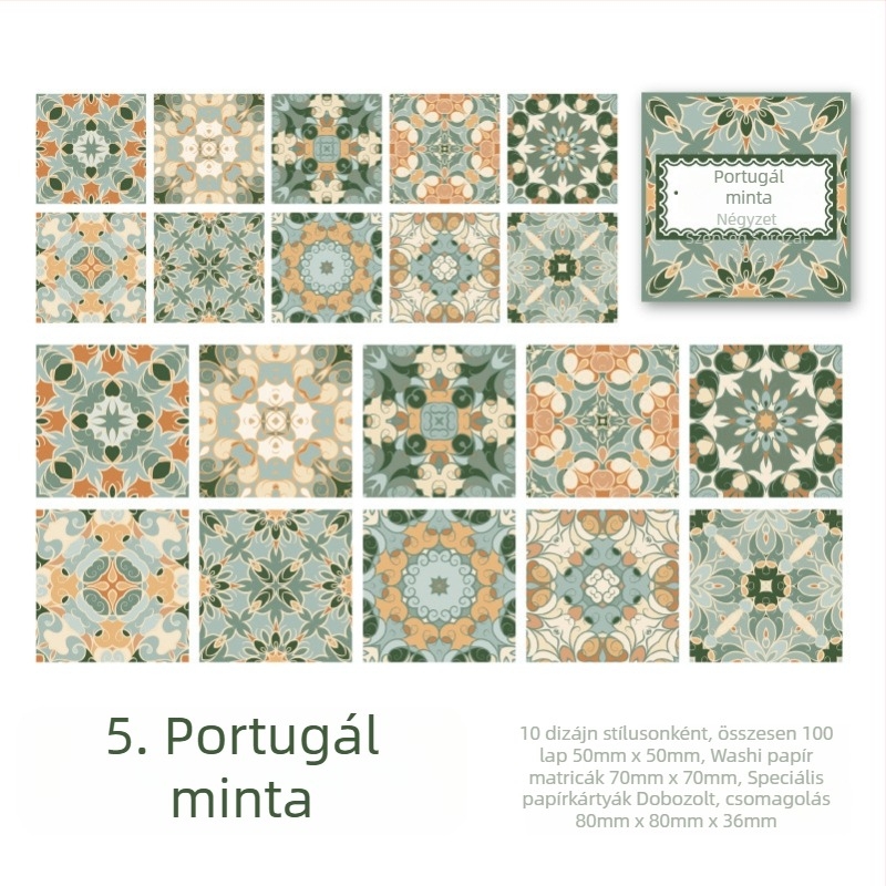 Retro virágos csempe matricák dobozos készlet - Square Beauty sorozat, jegyzetekhez és naplódekorációhoz, 6 stílus.
