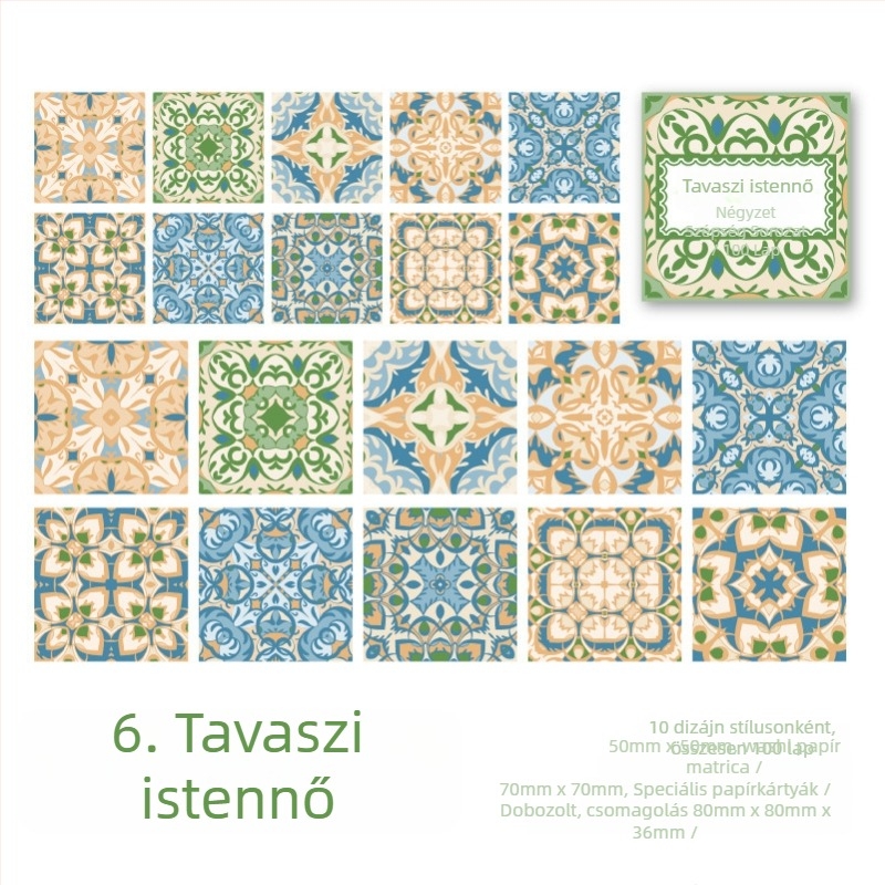 Retro virágos csempe matricák dobozos készlet - Square Beauty sorozat, jegyzetekhez és naplódekorációhoz, 6 stílus.