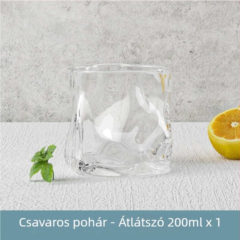 Hőálló üvegpohár szokatlan formával, fogantyú nélkül, italokhoz (sör, whisky és bor)