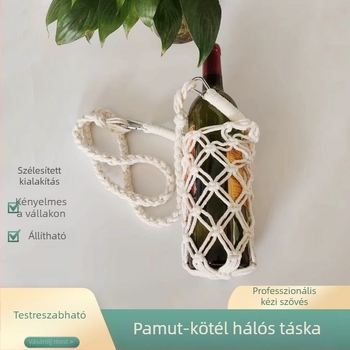 Kézzel szőtt borosüveg tok pamutfonalból, hálós táska, pohárvédő, ajándékzacskó