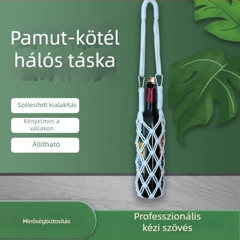 Kézzel szőtt borosüveg tok pamutfonalból, hálós táska, pohárvédő, ajándékzacskó