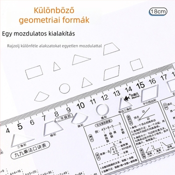 1–9. osztályos diákoknak készült, négy darabos, átlátszó rajzoló vonalzókészlet, matematikai képletek referenciákkal
