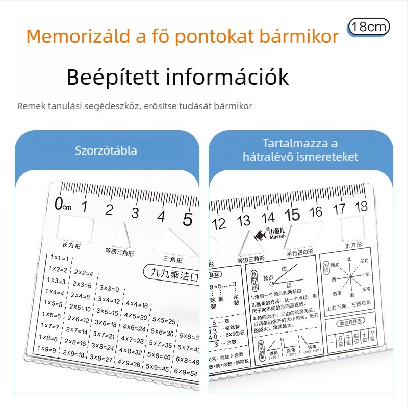 1–9. osztályos diákoknak készült, négy darabos, átlátszó rajzoló vonalzókészlet, matematikai képletek referenciákkal