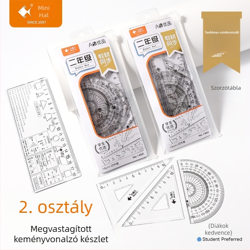 1–9. osztályos diákoknak készült, négy darabos, átlátszó rajzoló vonalzókészlet, matematikai képletek referenciákkal