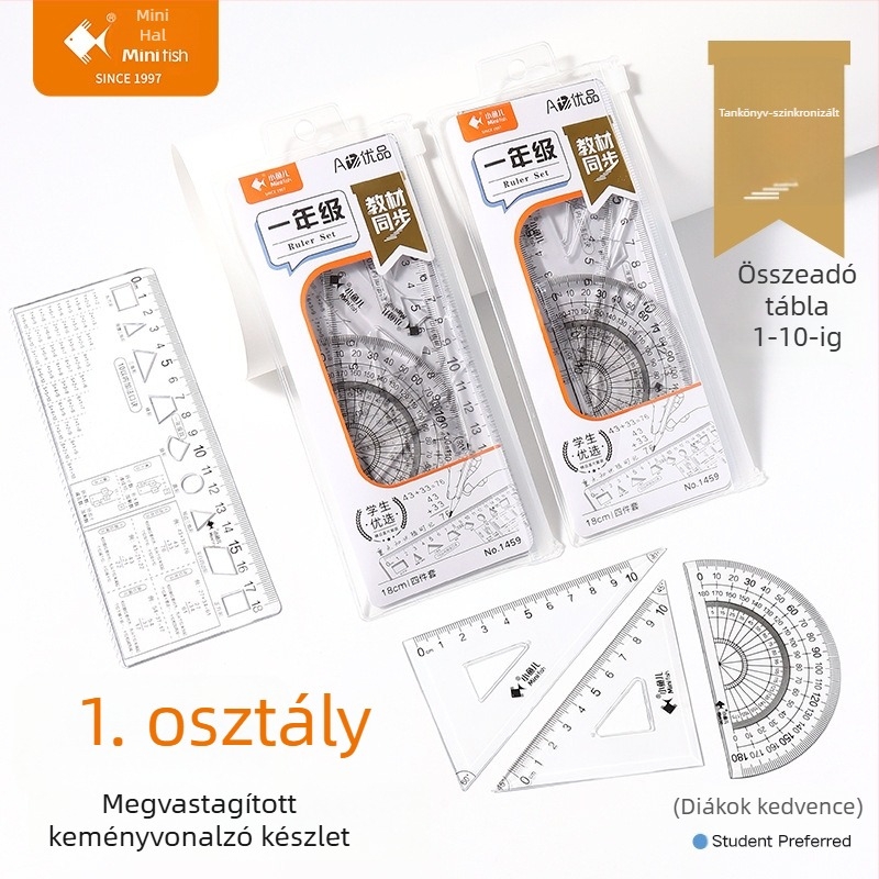 1–9. osztályos diákoknak készült, négy darabos, átlátszó rajzoló vonalzókészlet, matematikai képletek referenciákkal