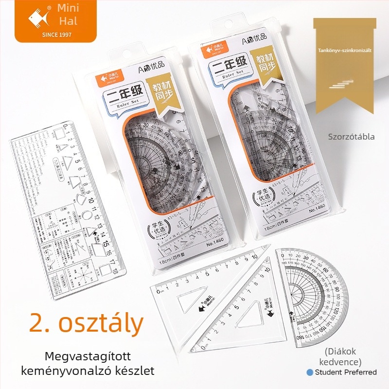1–9. osztályos diákoknak készült, négy darabos, átlátszó rajzoló vonalzókészlet, matematikai képletek referenciákkal