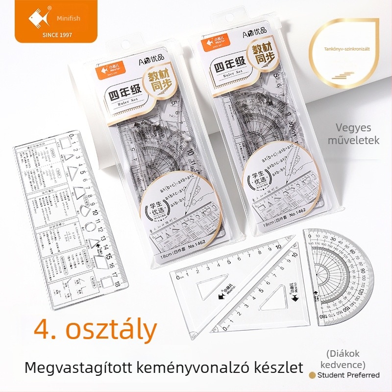 1–9. osztályos diákoknak készült, négy darabos, átlátszó rajzoló vonalzókészlet, matematikai képletek referenciákkal