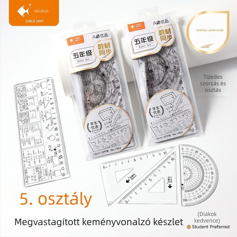 1–9. osztályos diákoknak készült, négy darabos, átlátszó rajzoló vonalzókészlet, matematikai képletek referenciákkal