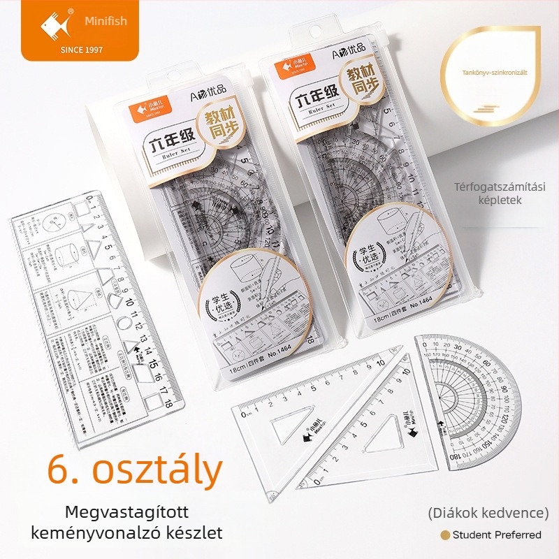 1–9. osztályos diákoknak készült, négy darabos, átlátszó rajzoló vonalzókészlet, matematikai képletek referenciákkal