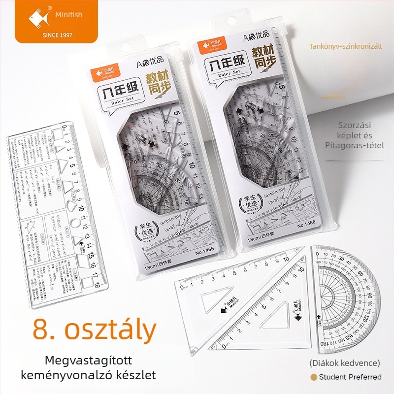 1–9. osztályos diákoknak készült, négy darabos, átlátszó rajzoló vonalzókészlet, matematikai képletek referenciákkal