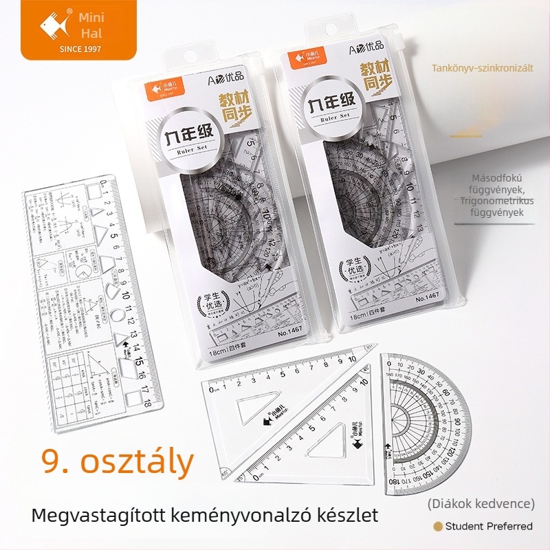 1–9. osztályos diákoknak készült, négy darabos, átlátszó rajzoló vonalzókészlet, matematikai képletek referenciákkal