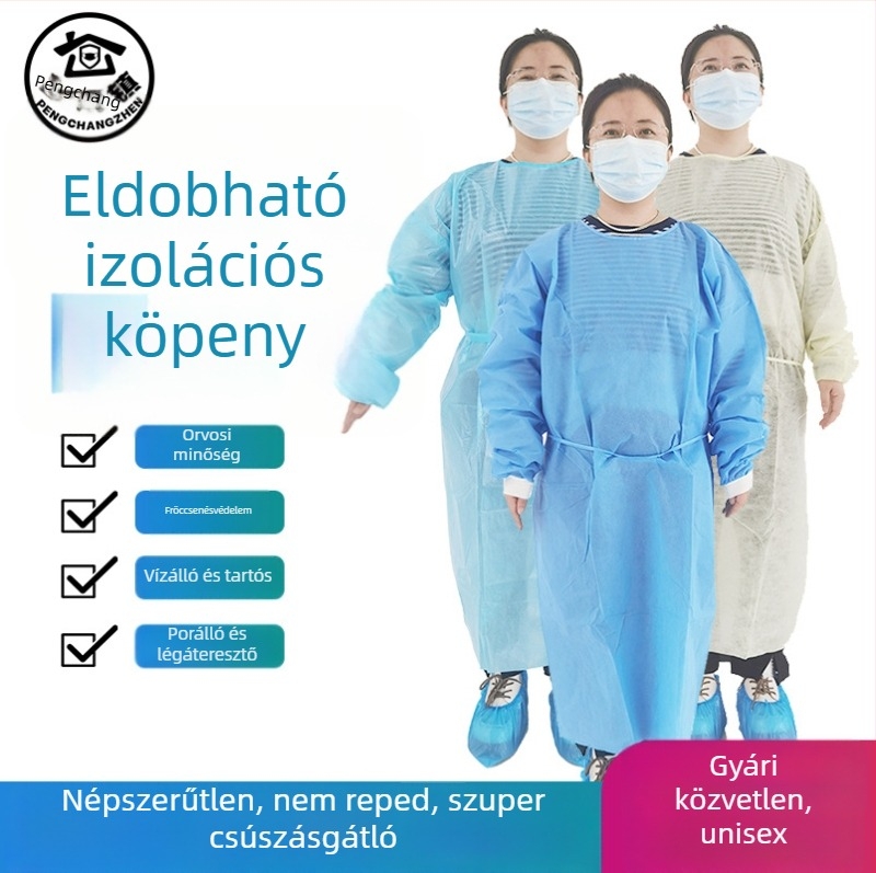 Egyszer használatos SMS nemszövött izolációs köpeny, visszafordítható, porvédő, vastagított, laboratóriumi használatra.