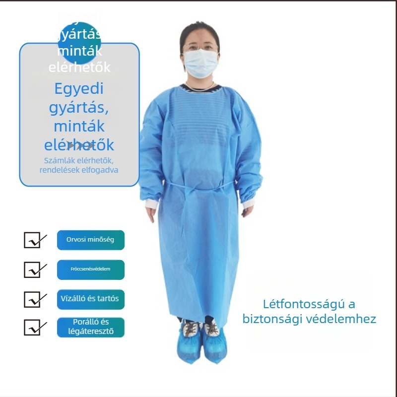 Egyszer használatos SMS nemszövött izolációs köpeny, visszafordítható, porvédő, vastagított, laboratóriumi használatra.