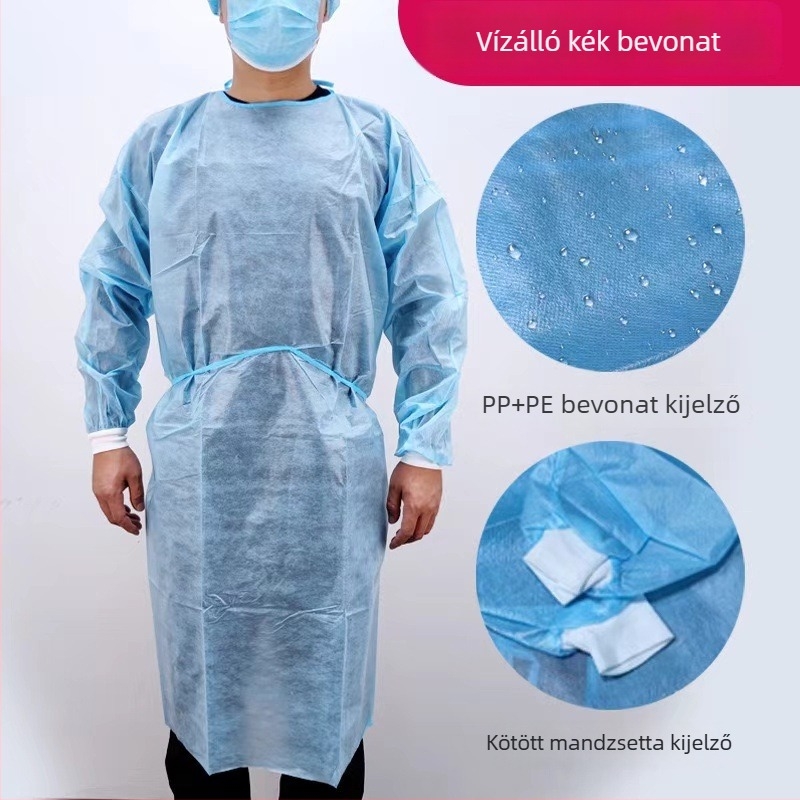 Egyszer használatos SMS nemszövött izolációs köpeny, visszafordítható, porvédő, vastagított, laboratóriumi használatra.