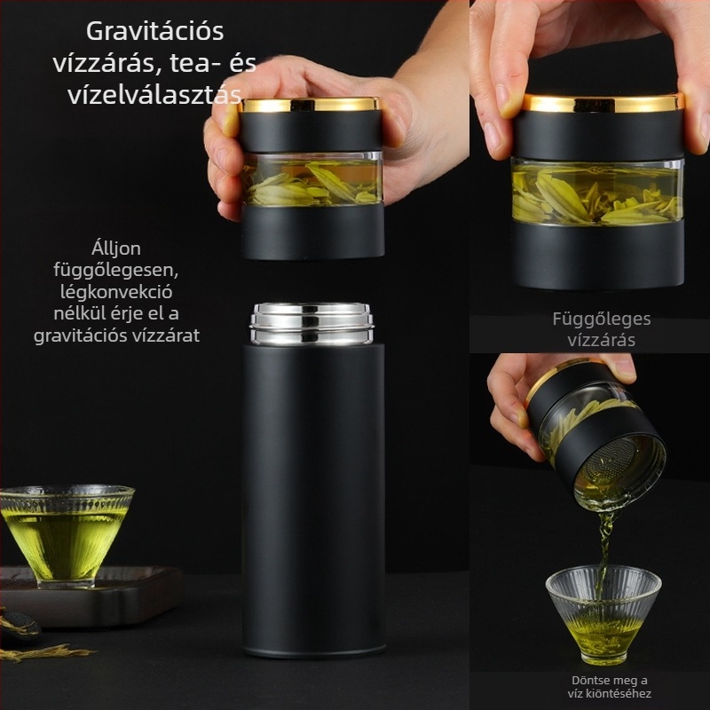 316 rozsdamentes acélból készült intelligens tea-víz elválasztó termosz pohár, vákuum szigeteléssel, elegáns irodai ajándék