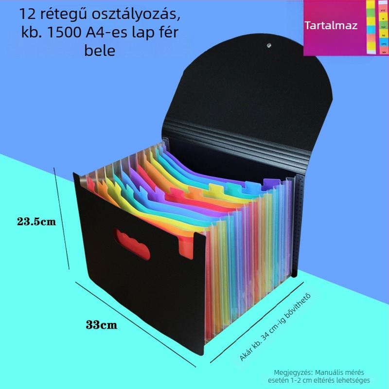 Szivárvány színű fedeles, 12-szintes irattartó és 24 rekeszes archív szervező műanyagból
