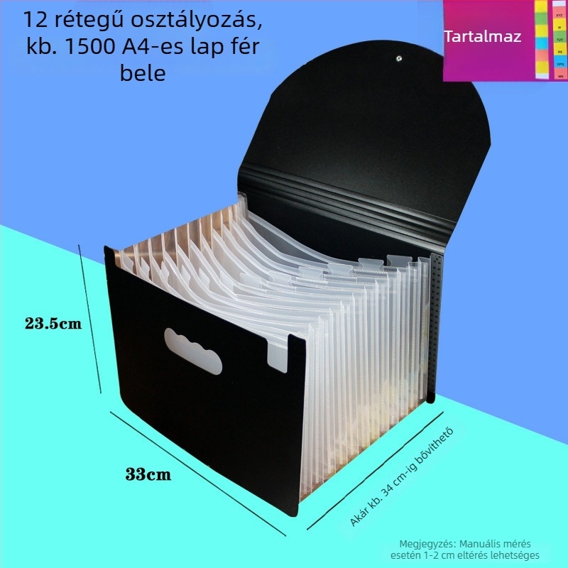 Szivárvány színű fedeles, 12-szintes irattartó és 24 rekeszes archív szervező műanyagból
