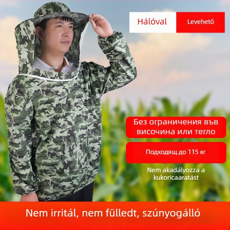 Mezőgazdasági munkákhoz védő kapucnis sapka, arcvédővel, rovarvédelemmel és méhészkedésre való ruházattal