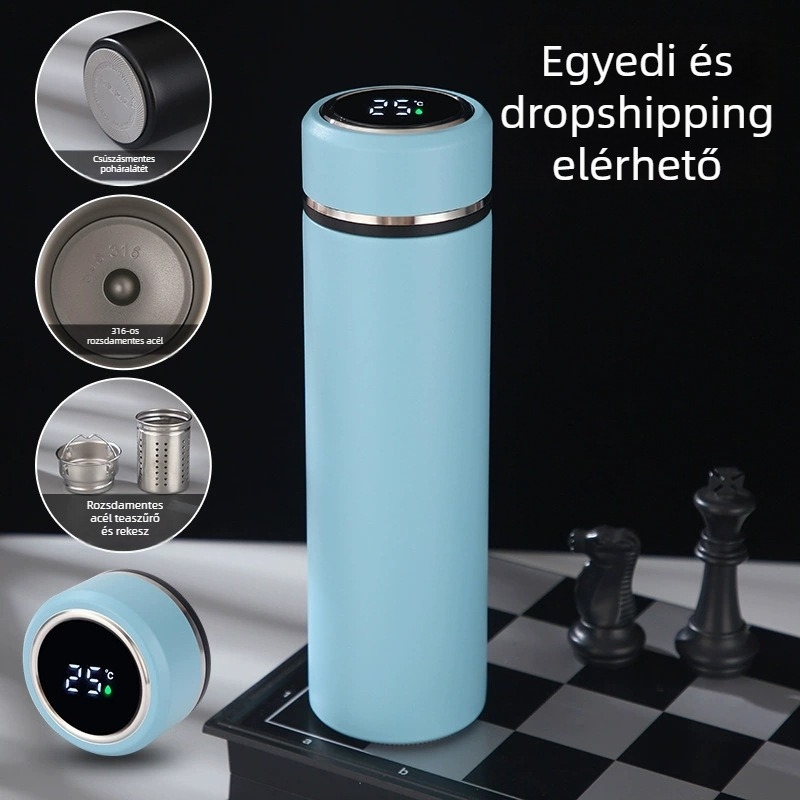 Intelligens hőmérséklet-kijelzővel és tea-elválasztóval készült 316 rozsdamentes acélból készült vákuum-szigetelt pohár, minimalist dizájn – ideális üzleti ajándék