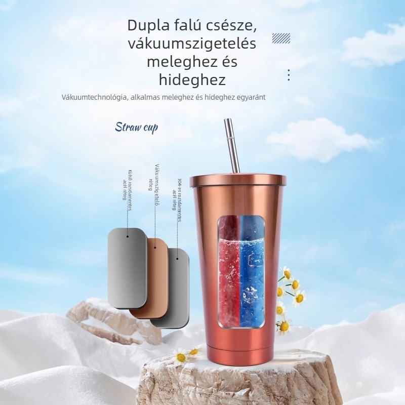 304 rozsdamentes acél belsővel készült szívószálas pohár, hordozható kültérre és autóba, termoszos izoláció, meleg és hideg italokhoz, egyetemistáknak ajándék
