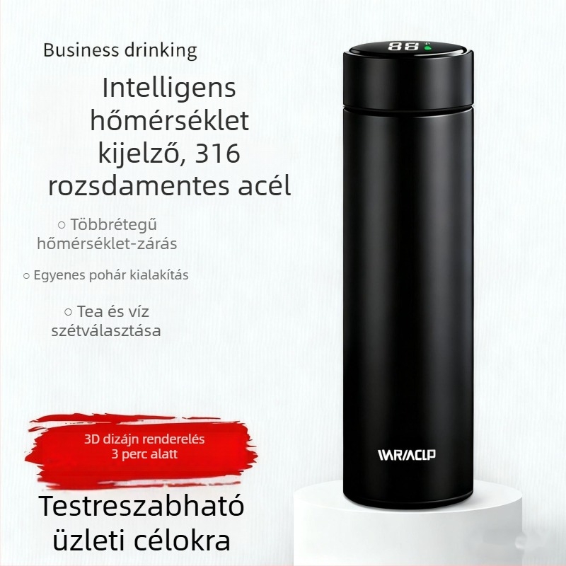 Nagy kapacitású szigetelt teás pohár unisex számára, prémium minőségű, belső 316L rozsdamentes acél, külső 304 rozsdamentes acél, tea infúzóval és hőmérséklet kijelzővel, hordozható