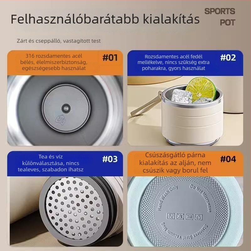 Új stílusú termosz, 316-os rozsdamentes acél belső, 304-es külső, nagy kapacitású, bájos dizájn, nőknek, lányoknak és diákoknak, teához és vízhez, teásfilterrel