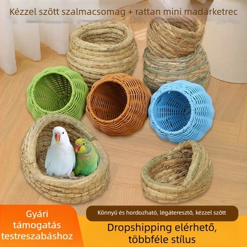 Kézzel szőtt fűfészek - mini rattan madárketrec, utánzott rattan madárfészek papagáj számára, függő fészek minden szezonra