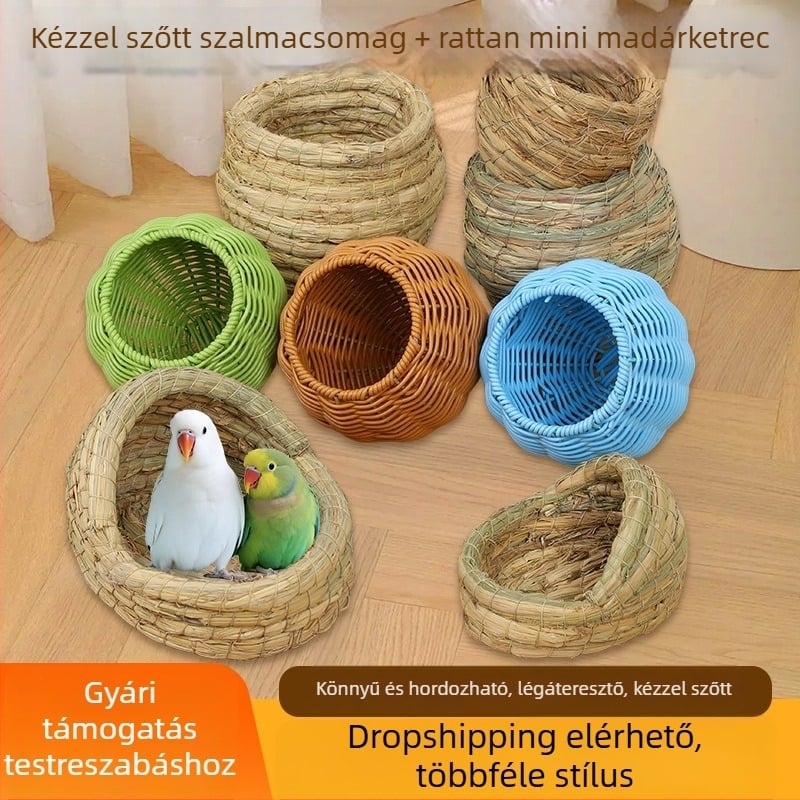 Kézzel szőtt fűfészek - mini rattan madárketrec, utánzott rattan madárfészek papagáj számára, függő fészek minden szezonra