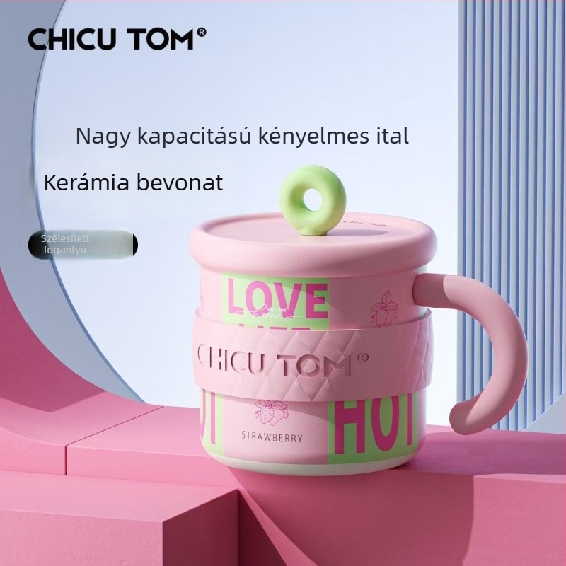 Rozsdamentes acél termosz pohár fedővel, nagy kapacitású irodai kávés pohár női stílusban, fogantyúval
