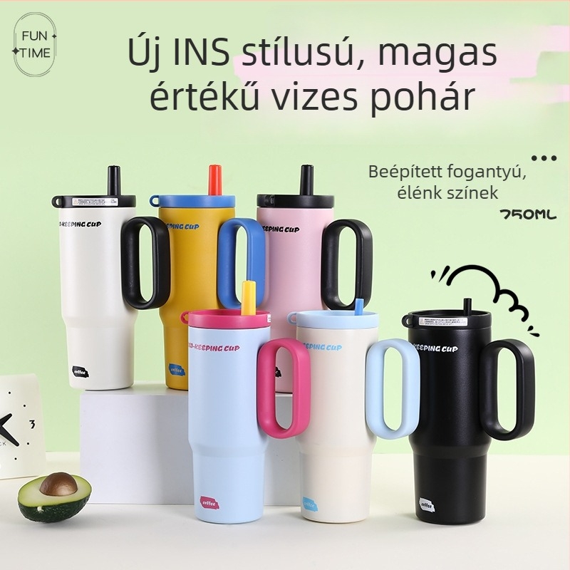 Rajzfilmszerű dizájnú termoszos pohár, 316 rozsdamentes acélból, vákuum-szigeteléssel, fogantyúval, autóhoz hordozható, szívószállal