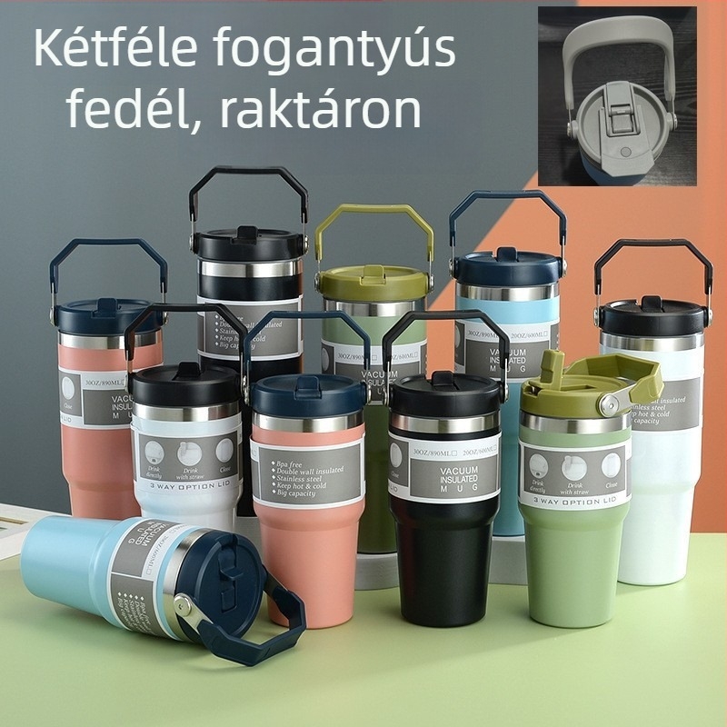 Szigetelt rozsdamentes acél autópohár 304-es, nagy kapacitású 20 oz/30 oz, fedéllel és szívószállal, melegen és hidegen tartja az italokat