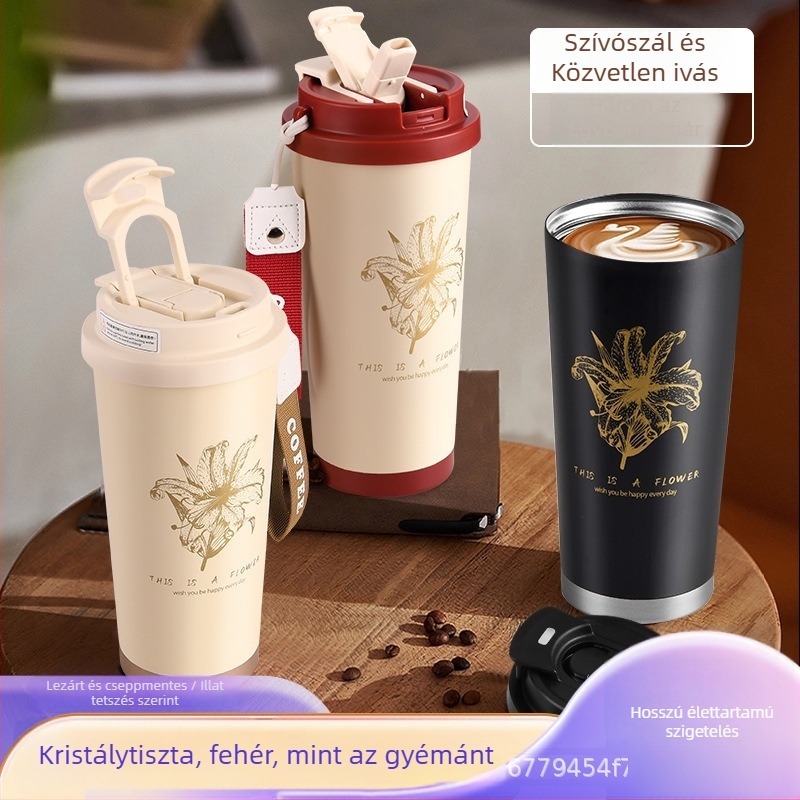 Lily of the Valley 316 rozsdamentes acél szigetelt pohár nőknek — hordozható kültéri termosz bögrével kötélfogantyúval