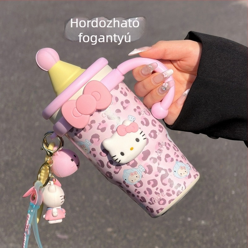 Leopard mintás hőszigetelt pohár nőknek, fogantyúval és szívószállal, irodai használatra