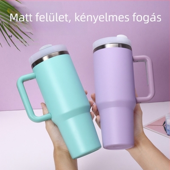 40 oz rozsdamentes acél autóspohár vákuumos szigeteléssel, dupla falú, fogantyúval, szívószállal