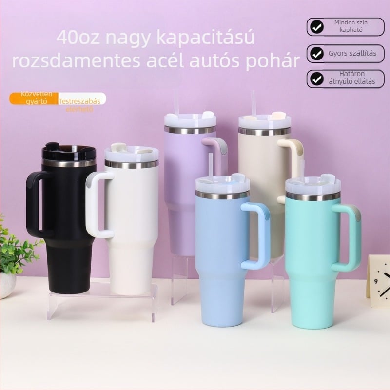40 oz rozsdamentes acél autóspohár vákuumos szigeteléssel, dupla falú, fogantyúval, szívószállal