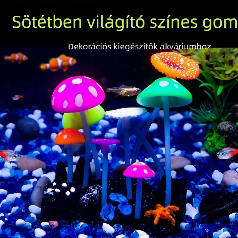 Fénylő szilikon akváriumi dekorációk: valósághű gombák, vízi növények, lótuszlevelek és sziklaformák az akvárium tájépítéséhez