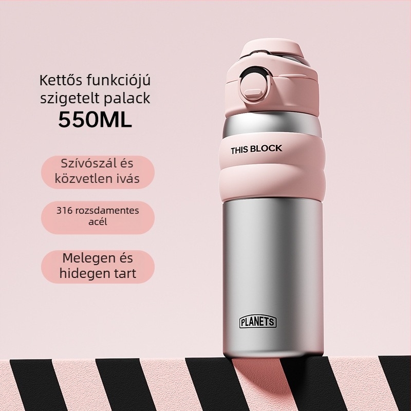 316 rozsdamentes acélból készült utcai stílusú termosz pohár, kettős használat, szigetelt, hordozható sportos ivópalack szívószállal