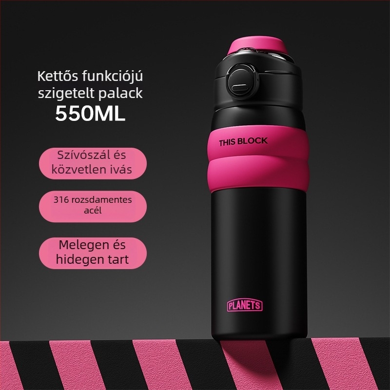 316 rozsdamentes acélból készült utcai stílusú termosz pohár, kettős használat, szigetelt, hordozható sportos ivópalack szívószállal