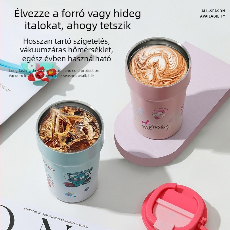 Rajzfilmszerű kávés pohár 304 rozsdamentes acélból, duplafalas szigetelt termosz, autóba hordozható, diákoknak megfelelő