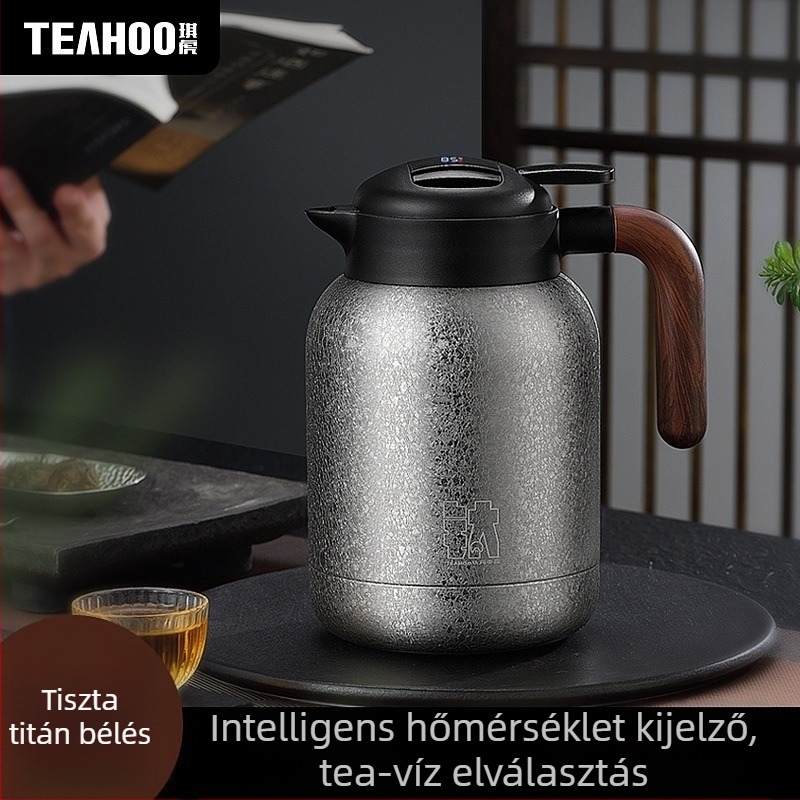 Tiszta titánból készült hőszigetelt teáskanna nagy kapacitással, fogantyúval, intelligens hőmérséklet-kijelzővel, tea–víz elválasztó rendszerrel, tea készítés
