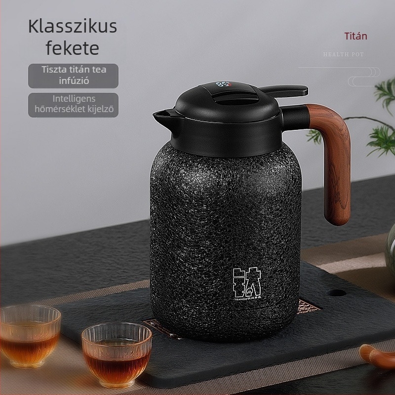 Tiszta titánból készült hőszigetelt teáskanna nagy kapacitással, fogantyúval, intelligens hőmérséklet-kijelzővel, tea–víz elválasztó rendszerrel, tea készítés