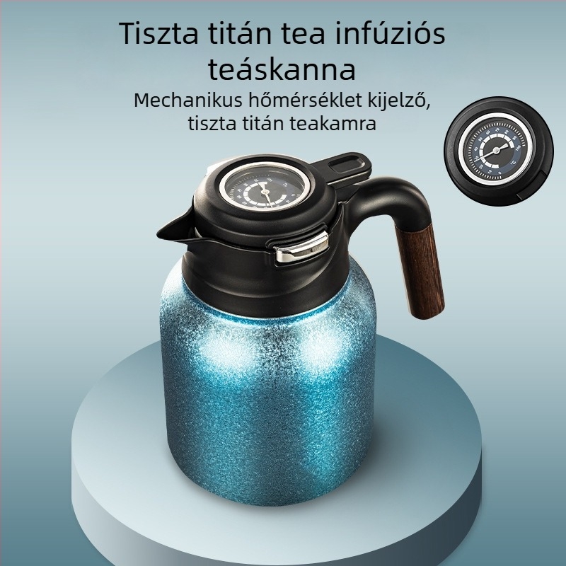 Tiszta titánból készült hőszigetelt teáskanna nagy kapacitással, fogantyúval, intelligens hőmérséklet-kijelzővel, tea–víz elválasztó rendszerrel, tea készítés