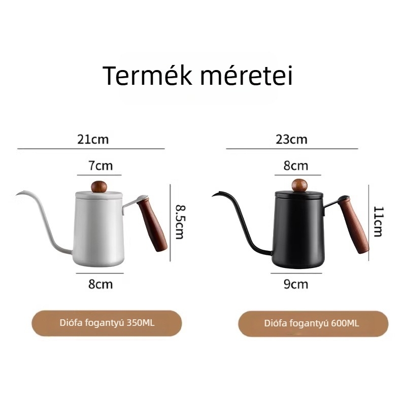 350 ml diófa fogantyújú pour-over kanna, 304 rozsdamentes acélból, mérőskálával, hosszú kifolyócsővel