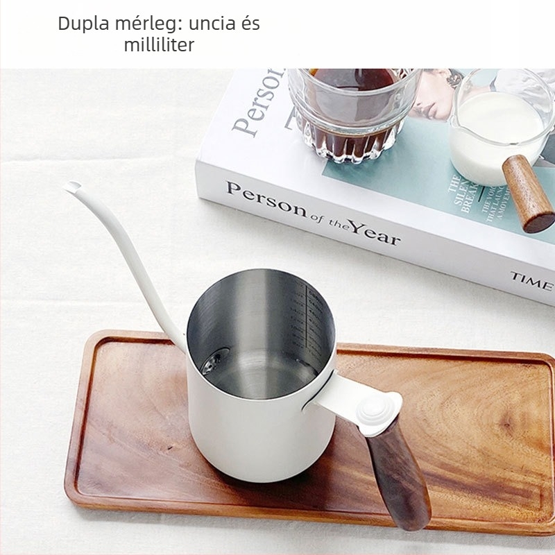 350 ml diófa fogantyújú pour-over kanna, 304 rozsdamentes acélból, mérőskálával, hosszú kifolyócsővel