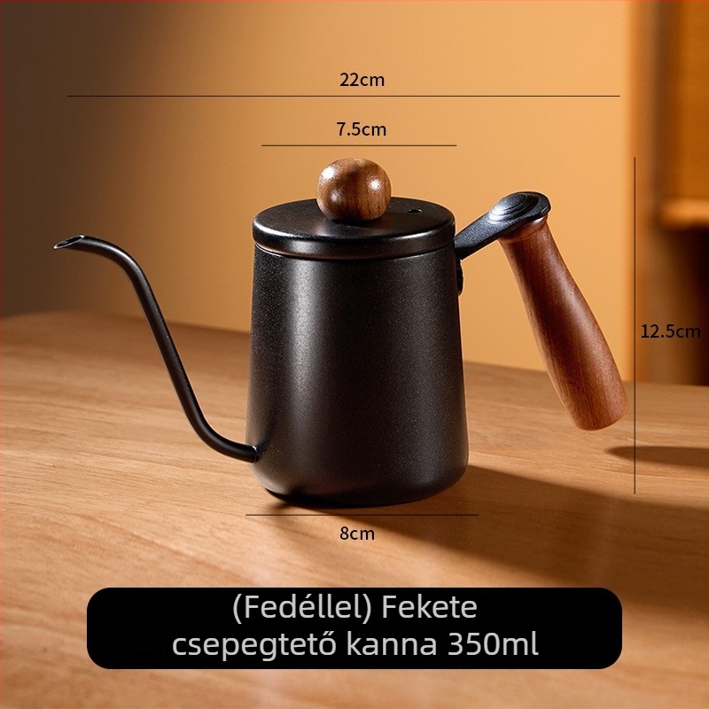 350 ml diófa fogantyújú pour-over kanna, 304 rozsdamentes acélból, mérőskálával, hosszú kifolyócsővel