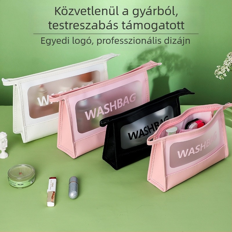 Átlátszó matt PU sminktáska, nagy kapacitású, vízálló, hordozható kozmetikai tároló logónyomtatással