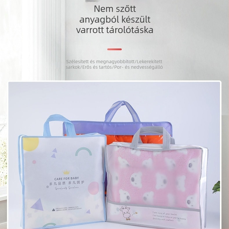 Gyermekeknek szóló nem szövött anyagból készült csomagoló táska gyermekruhák és háztartási textilek készleteihez, két- vagy négy darabos készletekhez, porvédő, logó nyomtatható