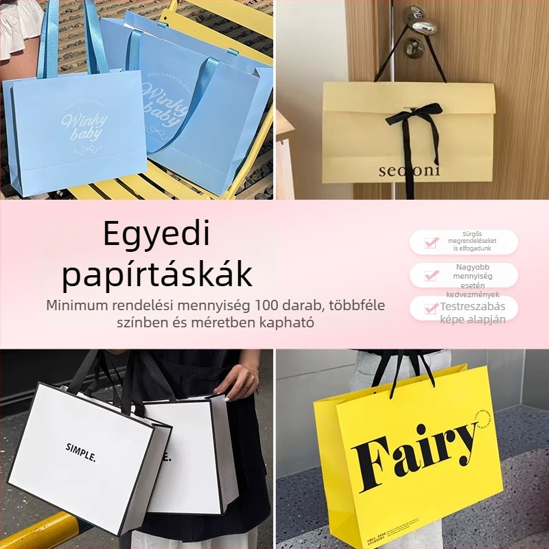 Egyedi logóval ellátott papírtáskák ruházati termékekhez — fehér kartonból készült ajándéktáskák ékszerek és kozmetikumok számára
