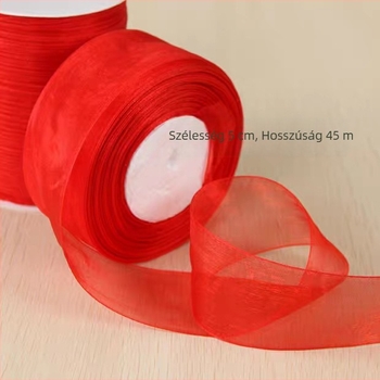 Piros chiffon szalag, 0.6–5 cm széles, ajándékcsomagoláshoz és hajdíszekhez, masni kis virágos mintával